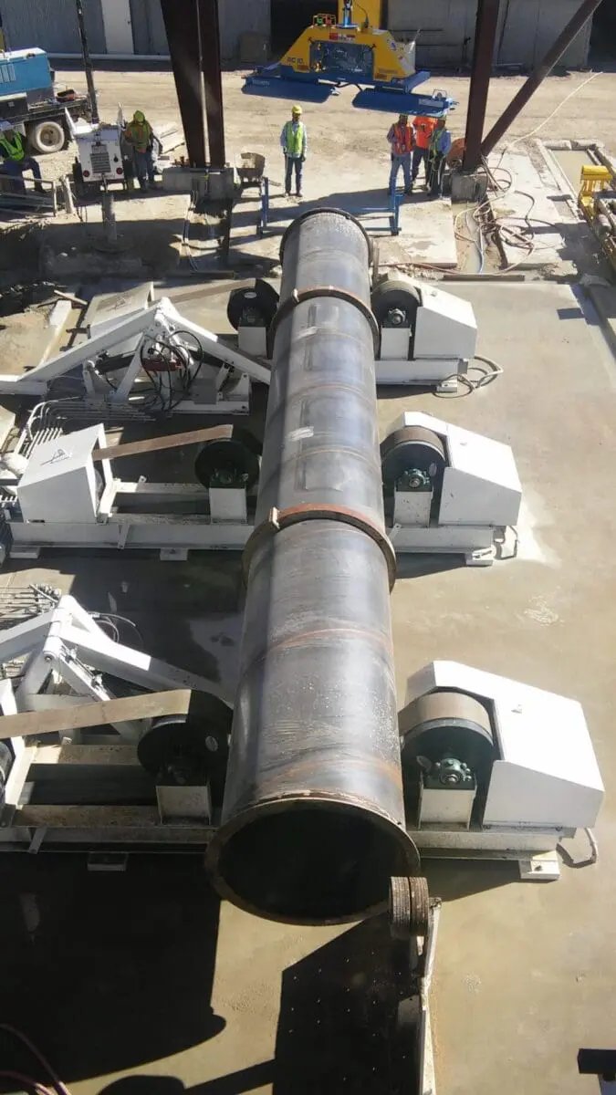 aerial view of concrete pipe spinning belts