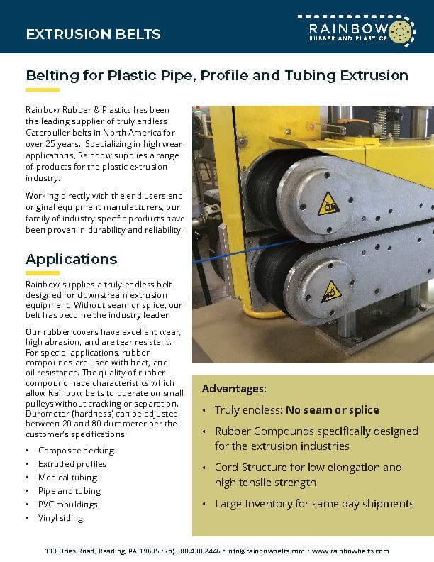 Belting for plasticc pipe, profile and tubing extrusion